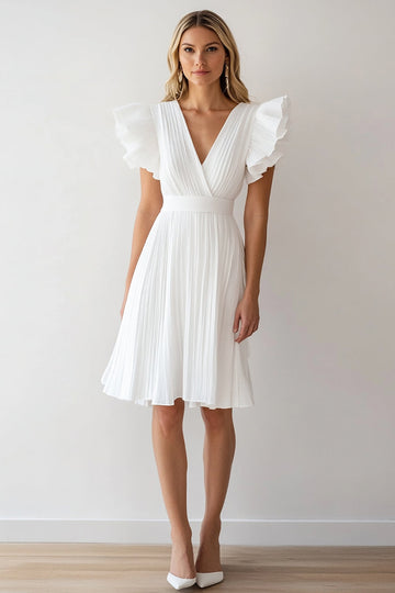 Ivory Chiffon A Line Pleated Short Formal Dress with Ruffles